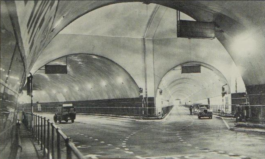 A black and white photograph of the early Queensway Mersey Tunnel.